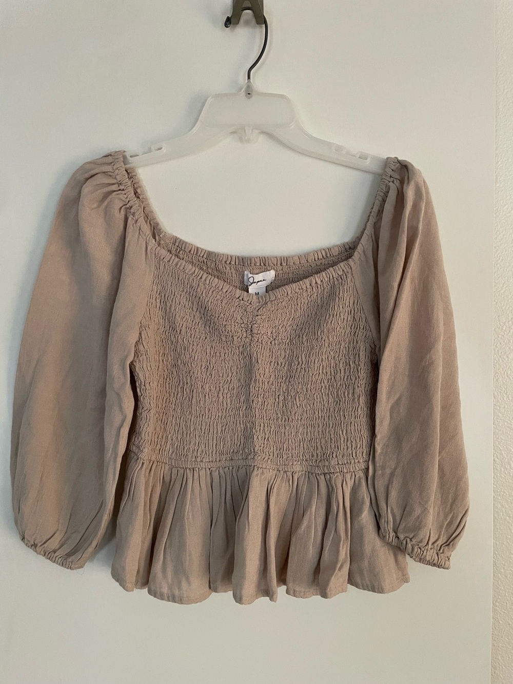 Japna Rayon Flax Linen Smocked Top Blouse Puff Sleeve Tan Poplin Waist NWT